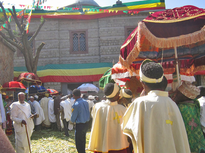 Dedication procession waits in front of the replacement 'Chapel of the Tablet'
