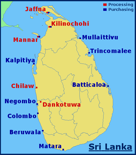 Map of Sri Lanka seafood purchasing and processing locations