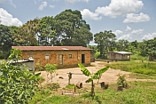 Mud-brick house with corrugated iron roof in jungle clearing.