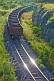 Image of A heavily laden coal train rounds a corner at sunset in Lope National Park.