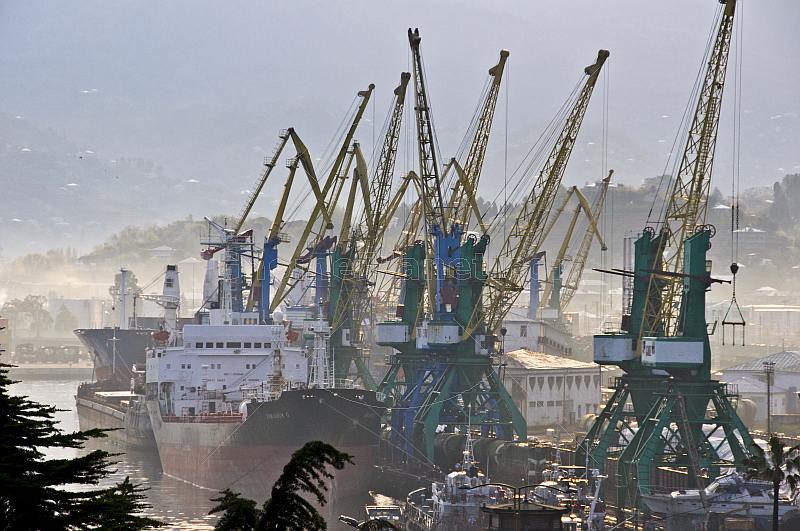 Ships wait for unloading amidst a forest of cranes at the docks.