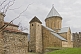 Image of Main church of the Ananuri Monastery shows the beautiful carvings on its sandstone walls.
