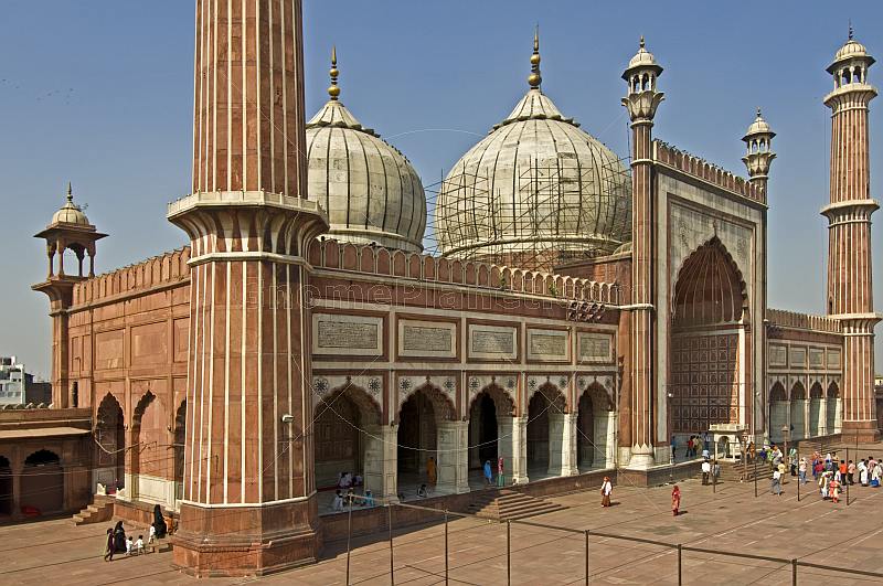 Domes and minarets of Shah Jahan's 1644 Jama Masjid in the heart of Old Delhi.