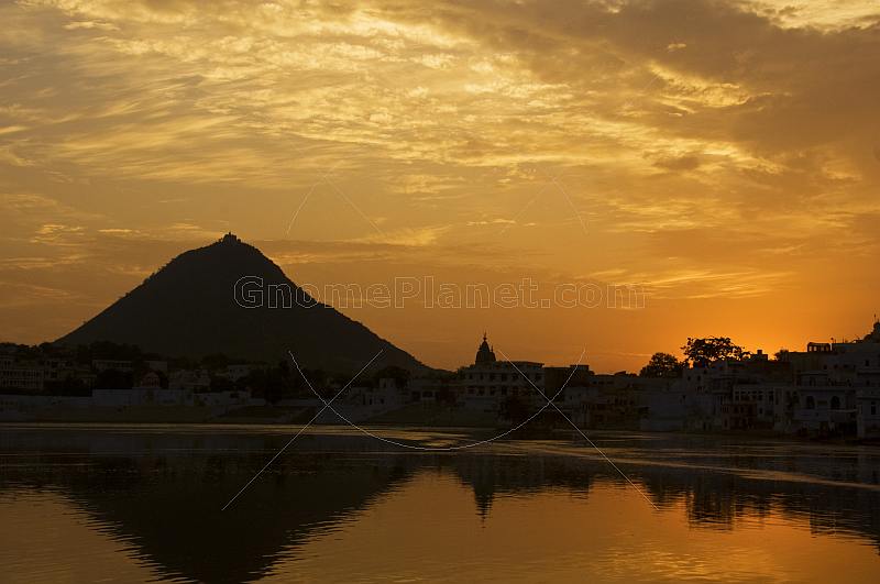Pushkar Lake and temples at sunset.