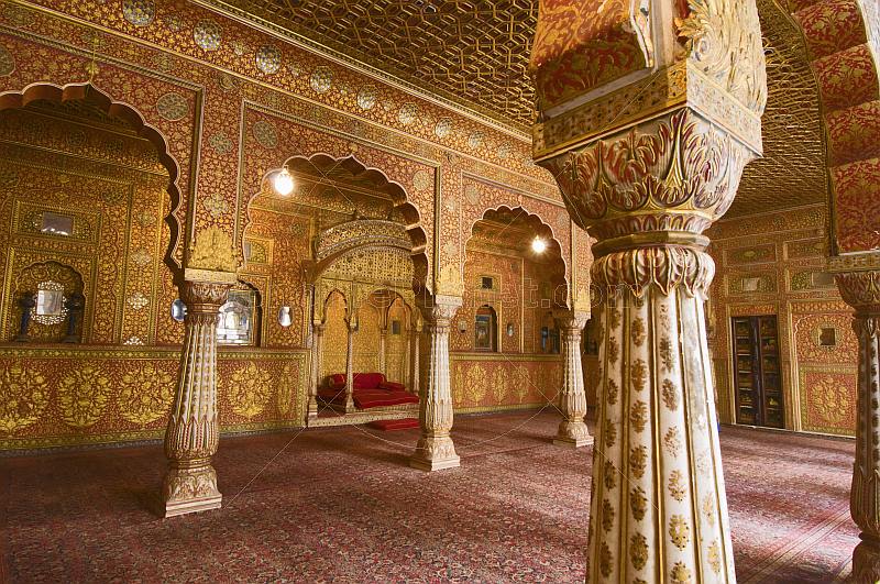 Sumptuous golden Gaj Mandir Throne Room in the Junagarh Fort.