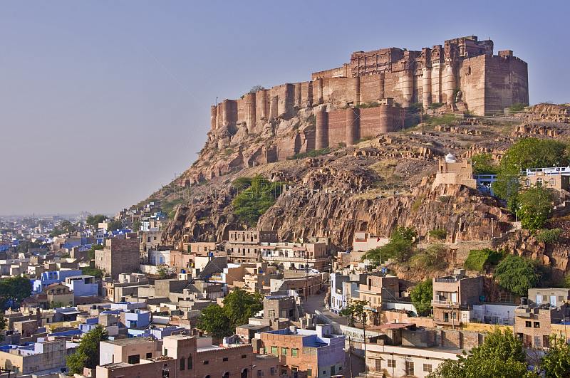 The Meherangarh Fort in early morning light towers over the city of Jodhpur.