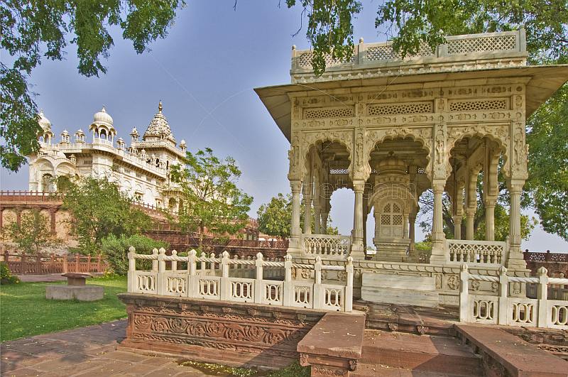 A tomb and canopy in the grounds of the Jaswant Thada built 1899 from white Makrana marble.