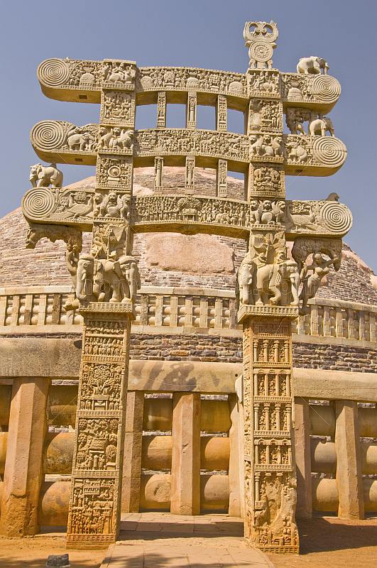 Buddhist 'Torana' or gateway to the Great Stupa of Sanchi, built in the 3rd century BC.