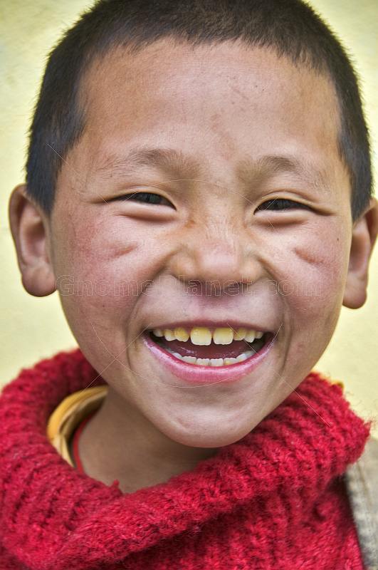 Smiling Buddhist monk in red jersey.