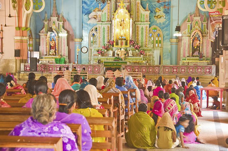 Indian worshippers at the Sunday Christian mass in the Lady of Good Voyage church at Vizhinjam.