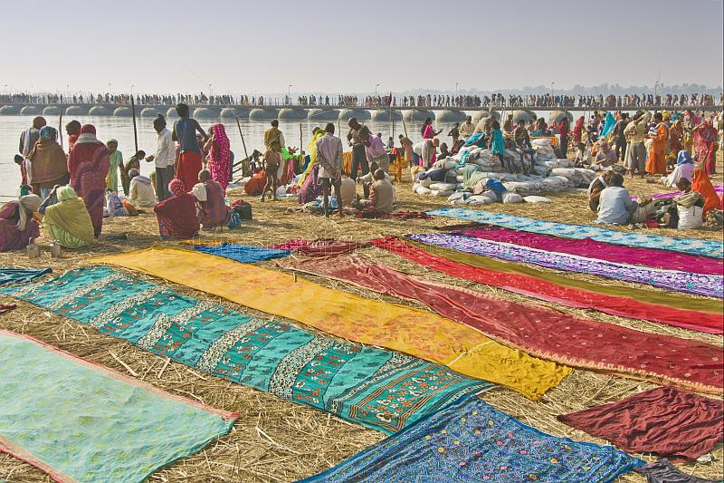 Colorful saris laid out to dry on reed-covered banks of Ganges River near the Sangam.