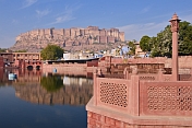 The Meherangarh Fort reflected in the still waters of the Gulab Sagar.