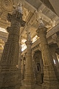 Intricately carved white marble pillars of the Adinatha Temple at Ranakpur.