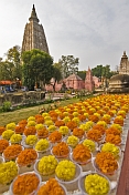 Yellow and orange flowers laid out before the Mahabodhi Temple.