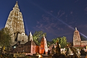 The towers of the Mahabodhi Temple at sunset.