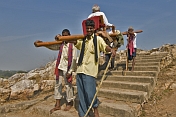 4 Dhooli carriers transport an old man down from the Vaibhara pilgrimage hill.