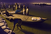 Rowing Boats Next To Bridge 18 At Ganges Yamuna Sangam In Pre-Dawn