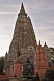 The towers of the Mahabodhi Temple at sunset.