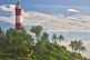 Image of Red and white bands of Vizhinjam Lighthouse tower, set amongst coconut palm trees.