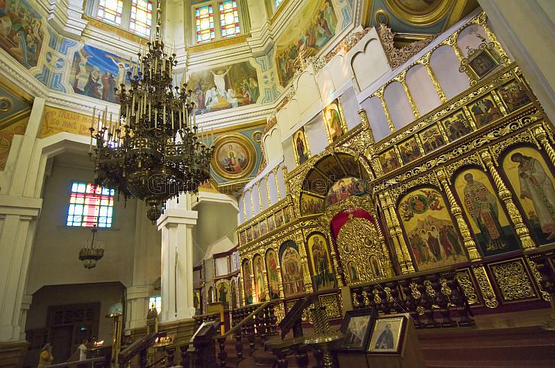 Chandelier and golden icon screen in the Zenkov Cathedral.