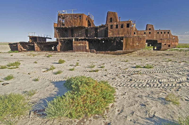The remains of a ship abandoned in the dried up bed of the Aral Sea, near Aralsk.