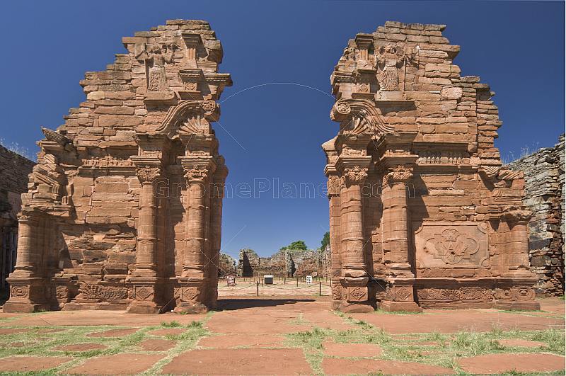 Carved pillars and doorway at the ruins of the San Ignacio Mission.