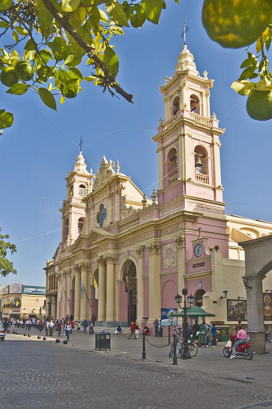 Stucco frontage and tower of Salta Cathedral.