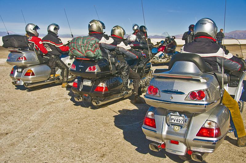 Group of motorcyclists on Honda Goldwing bikes at the Sal de Guayatayoc saltpans.