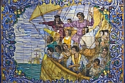Tiled image in the Plaza Espana of Columbus discovering America.