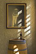 Portrait of Pietro Marini above barrel and bottle at the Bodega El Transito winery.