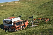 Dragoman Overland truck sets up their campsite.
