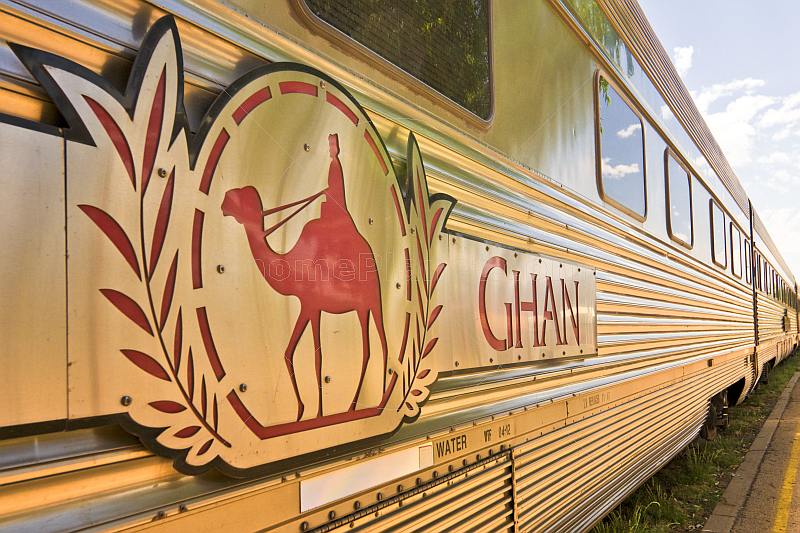 Ghan train logo on stainless steel carriages carriages at Alice Springs railway station.