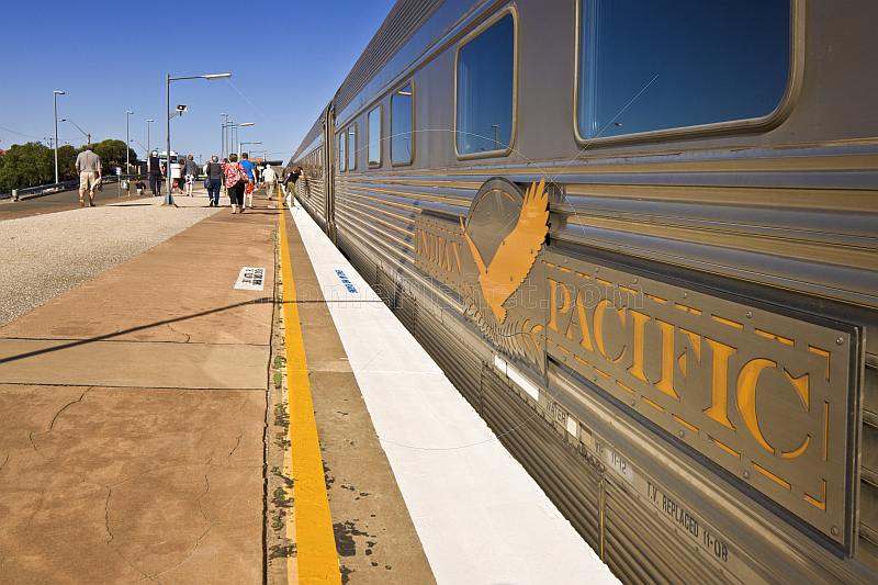 Indian Pacific carriage signboard and platform view at Broken Hill railroad station.