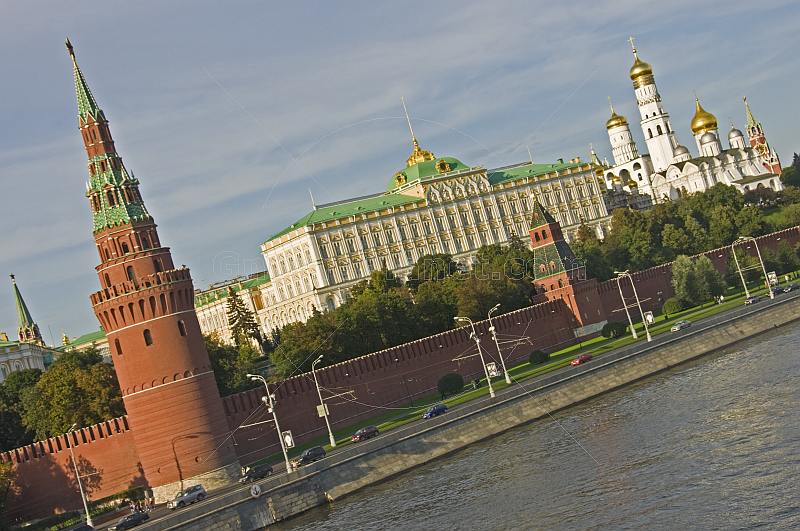View of the Moscow River and the towers and buildings of the Kremlin from the Bol Kamenny Most.