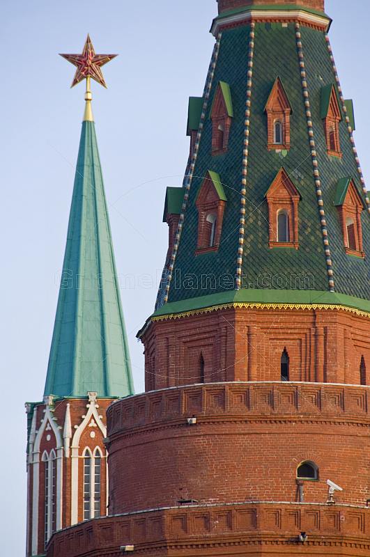Star-capped spires of the Kremlin, in Moscow's Red Square.