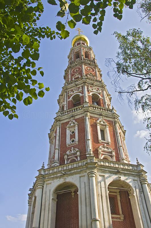 The brick and white-marble Bell Tower, in the Novodevichy Convent.