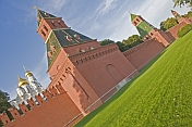 Golden domes of the Annunciation Cathedral and the red walls of the Kremlin.