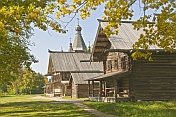 A row of wooden houses in the Vitoslavlitsy Museum of Wooden Architecture.