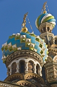 Green, blue, and white coloured domes of the Church of the Savior on Spilled Blood, a memorial to Alexander II.