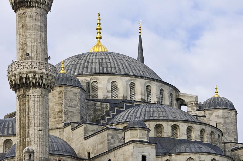 Domes and minarets of Sultan Ahmet\\'s blue mosque in Sultanahmet.