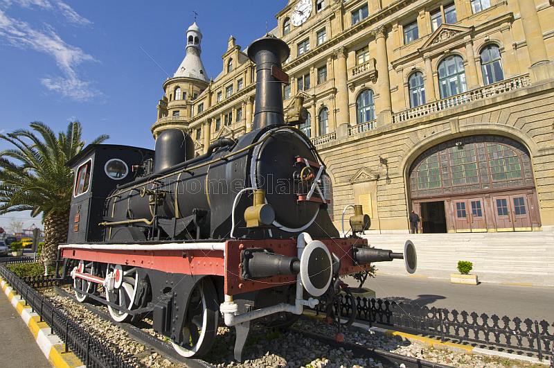 Preserved steam locomotive in front of the Haydarpasa Railway Station, on the Asian side of the Bosphorous at Kadikoy.