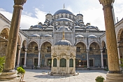 Exterior courtyard view of Yeni or new mosque in Eminonu.