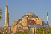 The dome and minarets of the Aya Sofia on Sultanahmet, lit by evening sunshine.