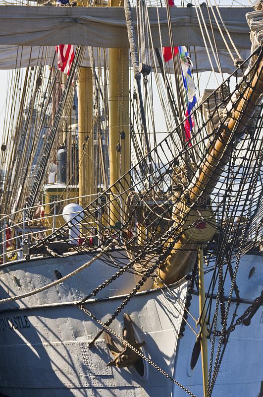 Bows, masts and rigging of the traditional square rigger 'Picton Castle'.