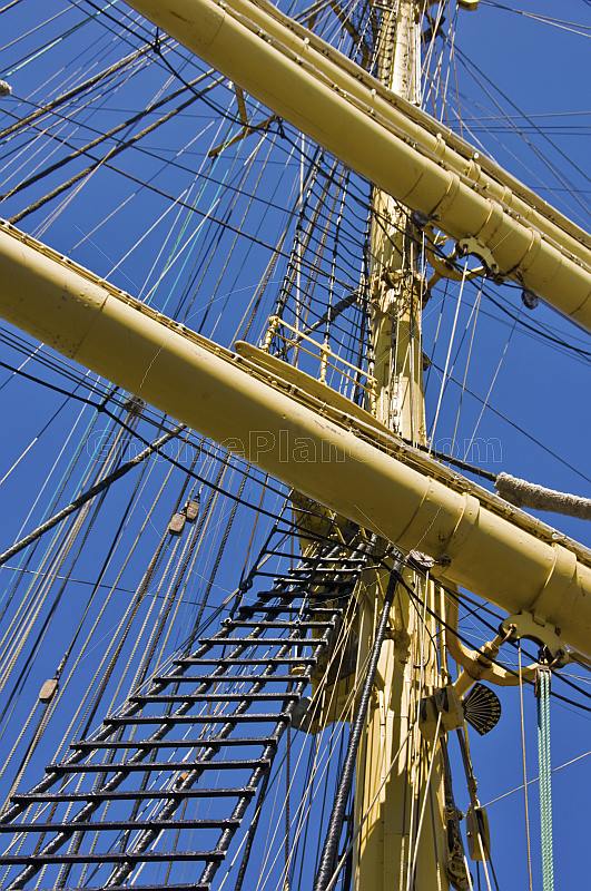 Masts, yards, and rigging of the Russian sailing ship 'Kruzenshtern'.