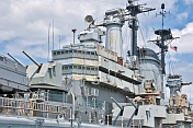 Bridge and midship gun turrets of the preserved battleship USS Salem.