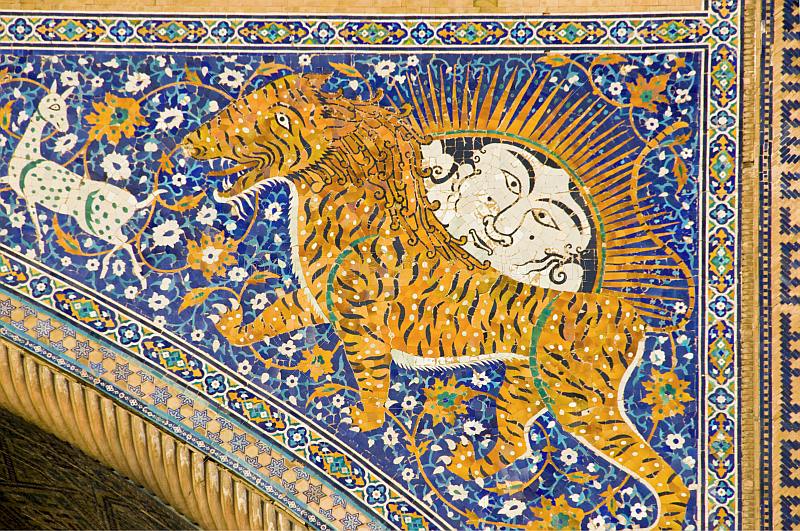 Detail of tiger mosiac on the Sher-Dor Medressa.