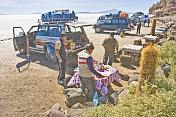Families with 4WD cars picnicking on the Isla Pescado in the Uyuni Salt Flats.