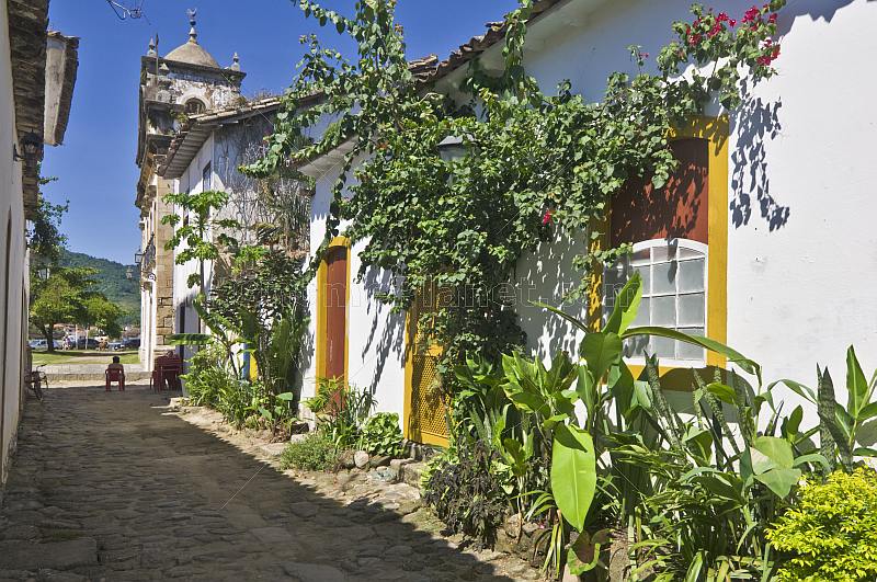 Plants grow outside colorful colonial house on the Rua da Matriz.