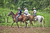 Three Brazillian cowboys on horseback.
